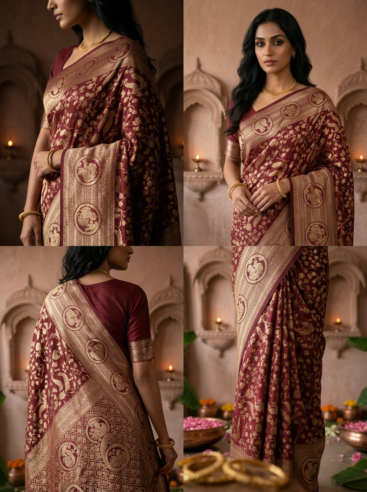 Wine Silk Mor Design Weaved Saree
