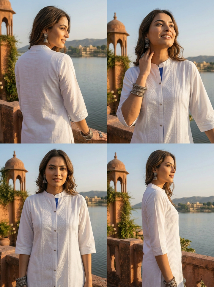 White Silk Pintuck Embroidery Kurta