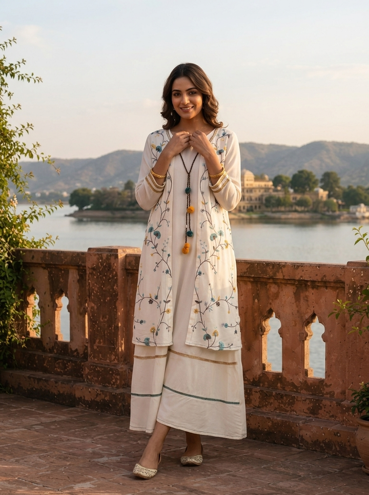 White Rayon Floral Embroidery Shrug Dress