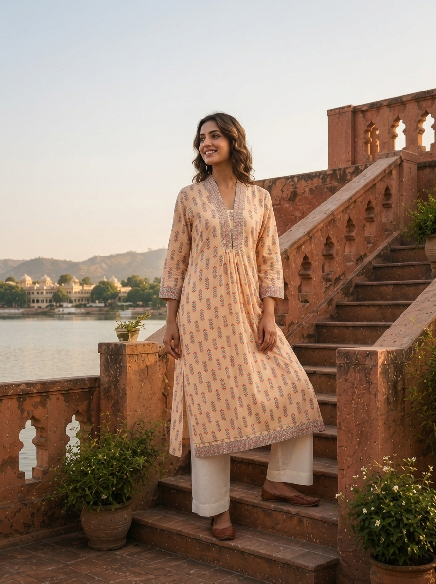 Cream Muslin Leaf Buti Printed Kurta
