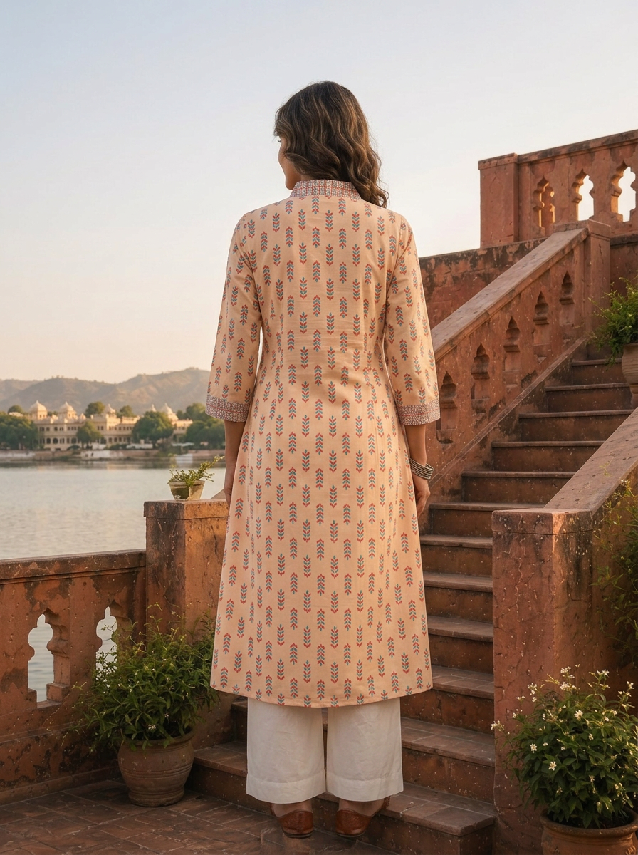 Cream Muslin Leaf Buti Printed Kurta
