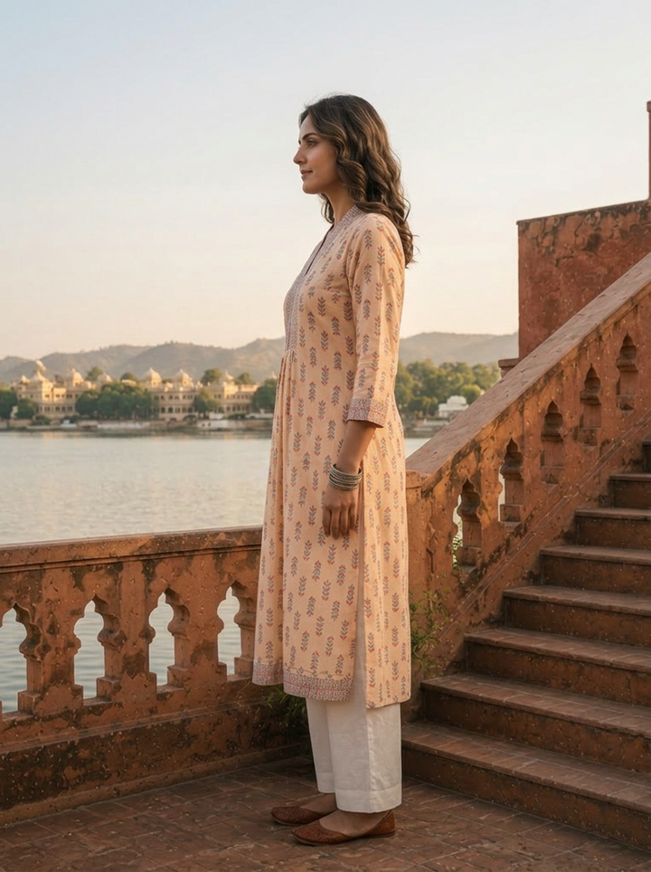 Cream Muslin Leaf Buti Printed Kurta