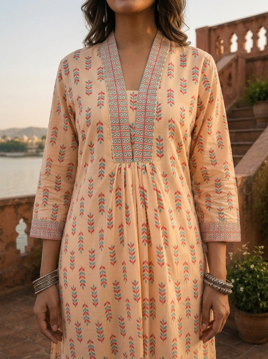 Cream Muslin Leaf Buti Printed Kurta