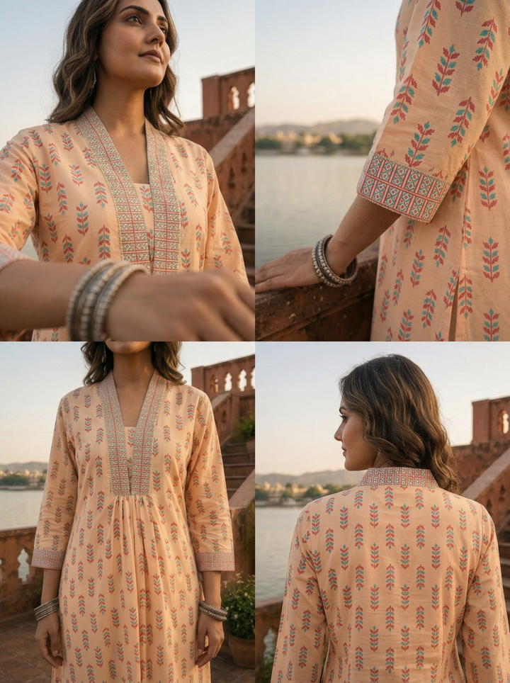 Cream Muslin Leaf Buti Printed Kurta