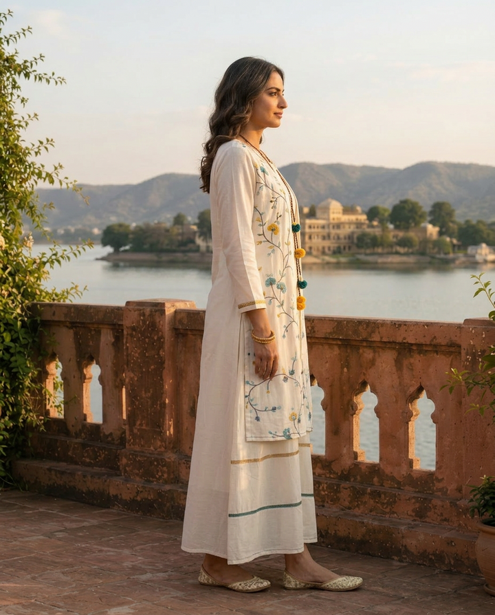 White Rayon Floral Embroidery Shrug Dress