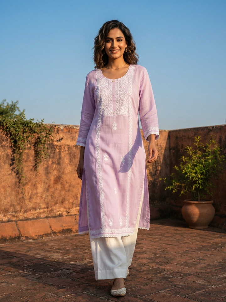 Lilac Rayon Scattered Buti And Paisley Embroidery Kurta