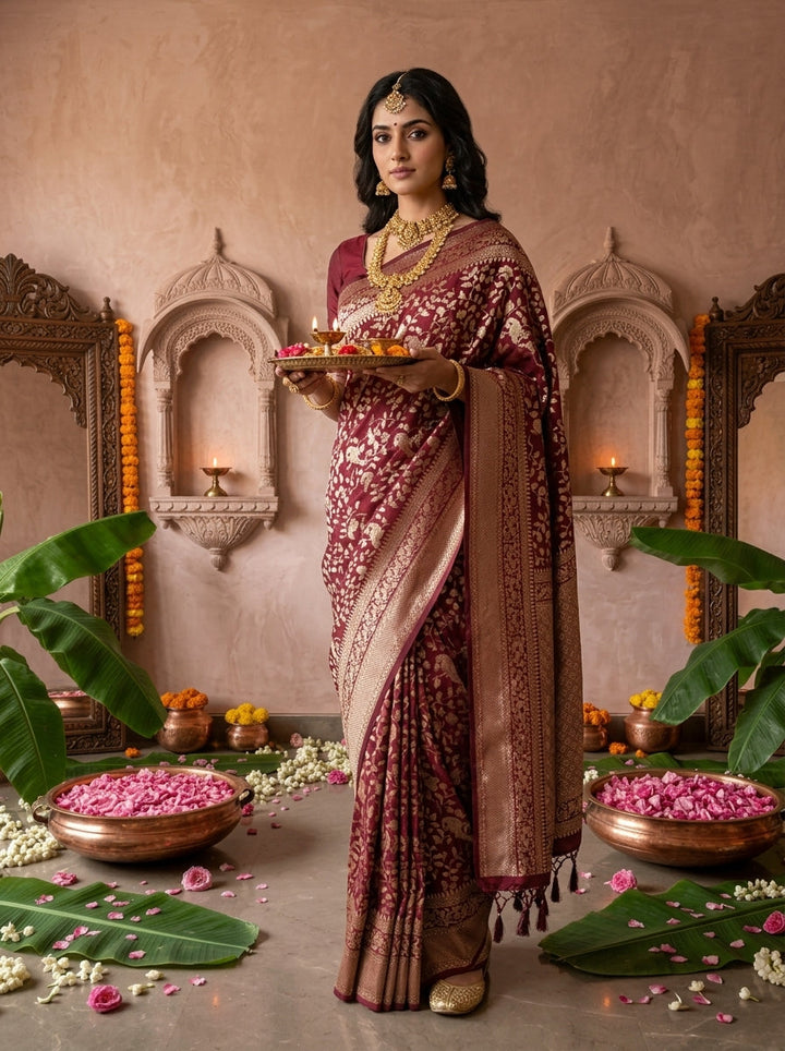 Maroon Silk Floral Weaved Saree