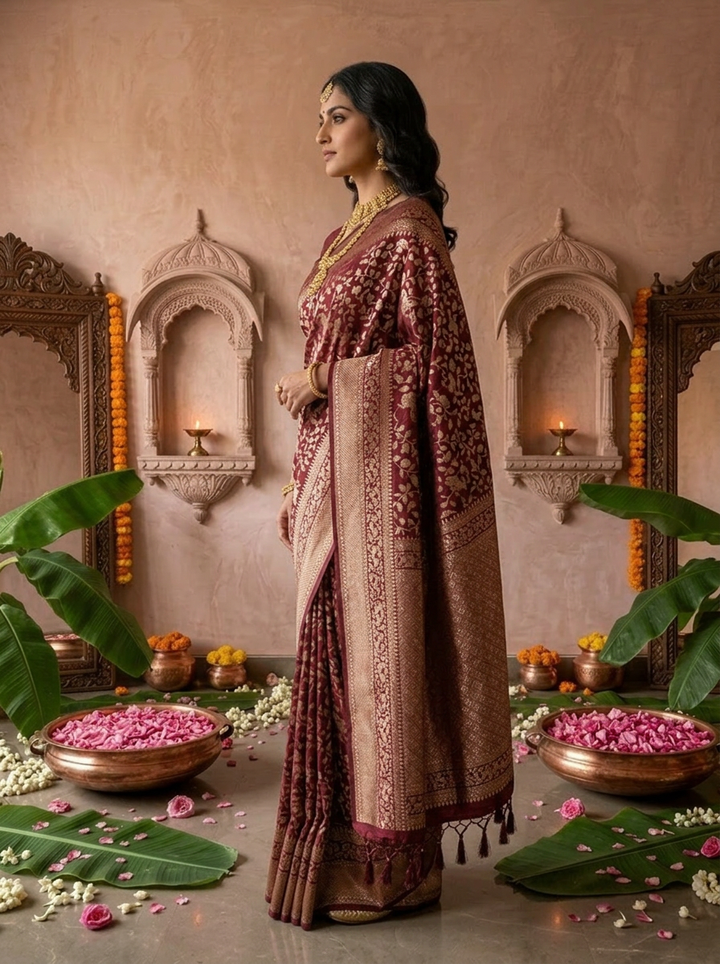 Maroon Silk Floral Weaved Saree