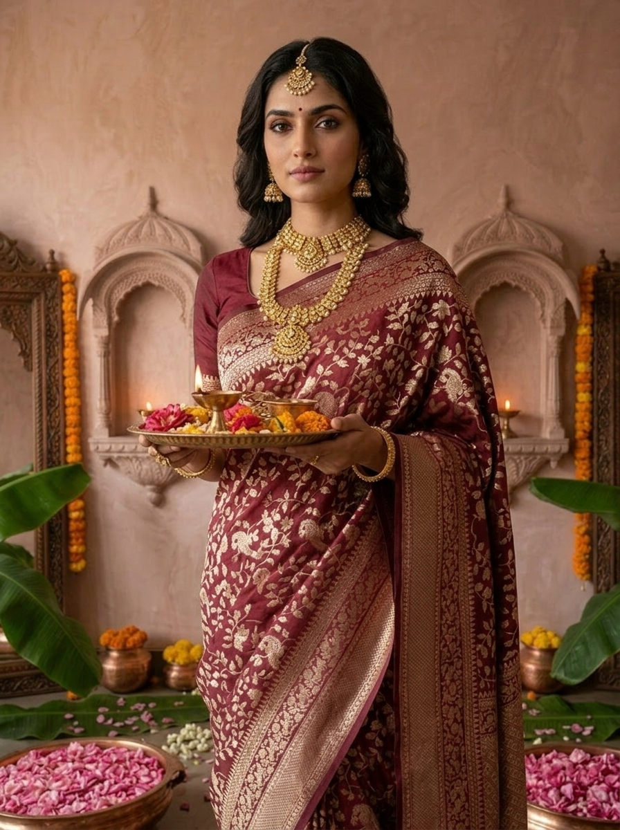 Maroon Silk Floral Weaved Saree