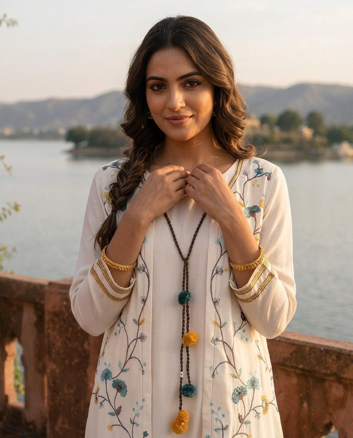 White Rayon Floral Embroidery Shrug Dress