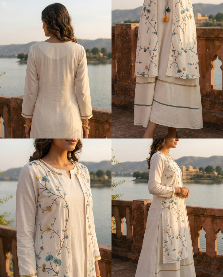 White Rayon Floral Embroidery Shrug Dress