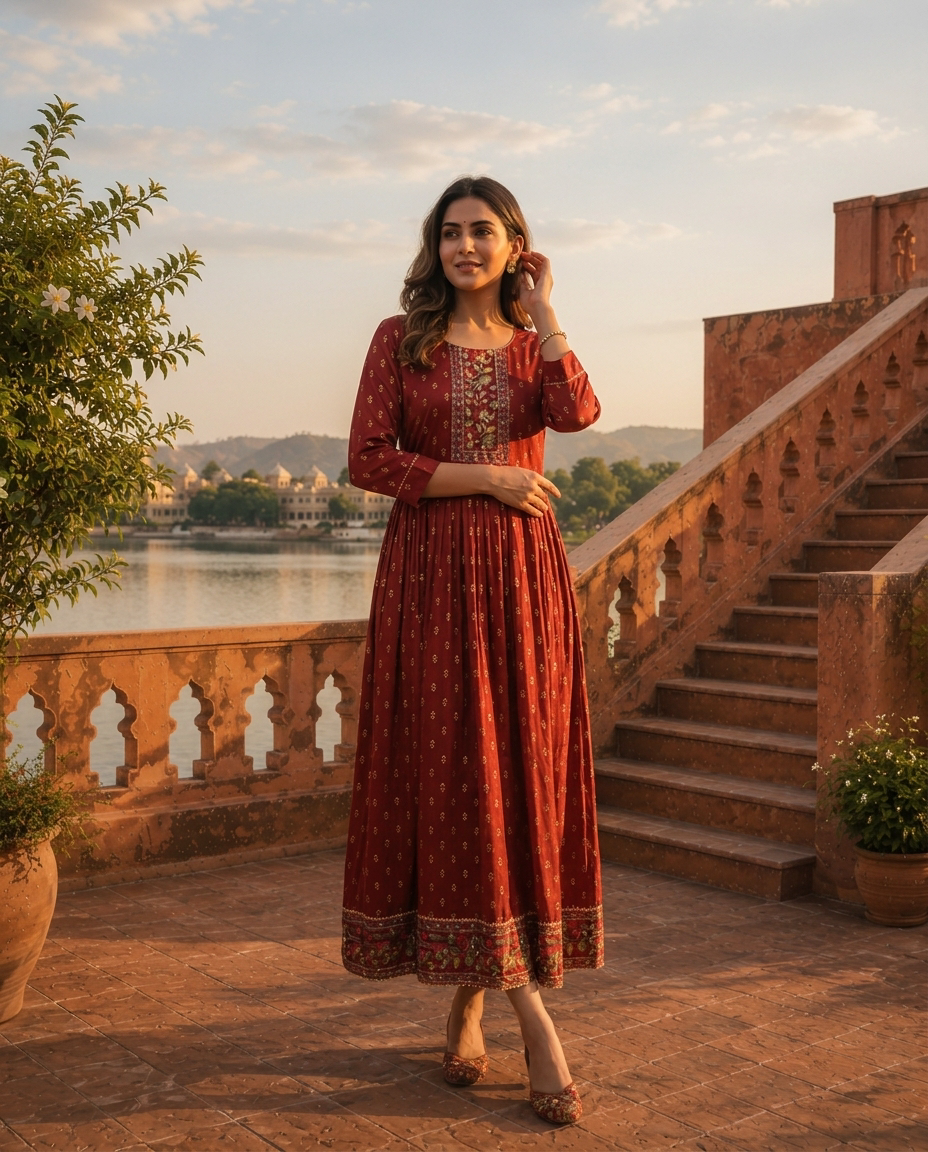 Maroon Crepe Gold Foil Buti Printed Dress