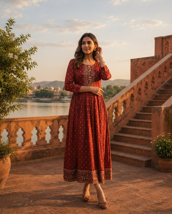 Maroon Crepe Gold Foil Buti Printed Dress