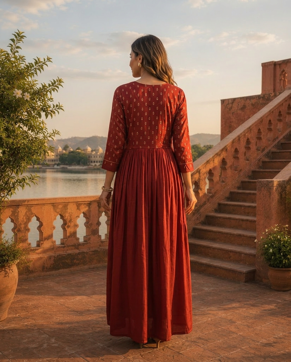 Maroon Crepe Gold Foil Buti Printed Dress