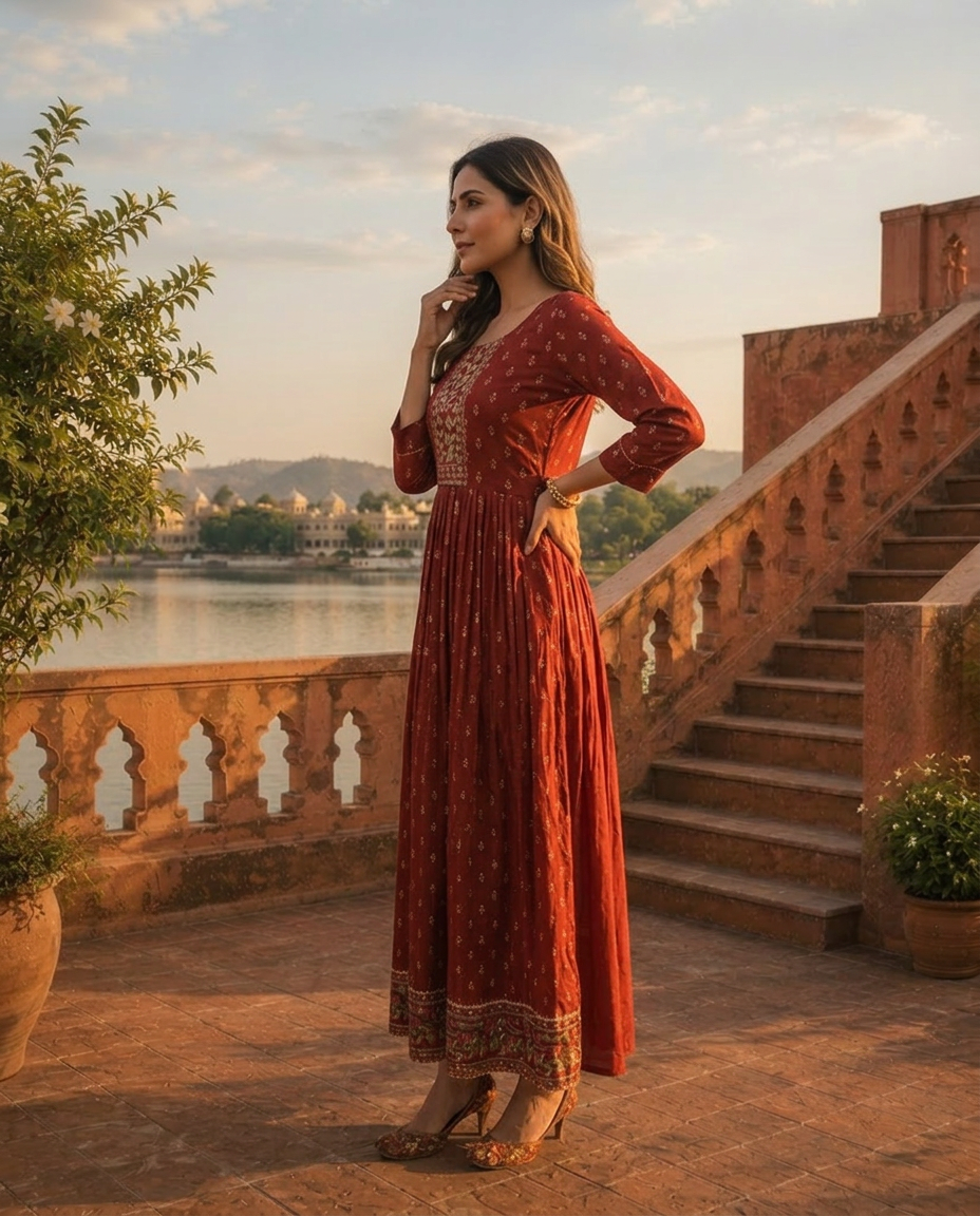 Maroon Crepe Gold Foil Buti Printed Dress