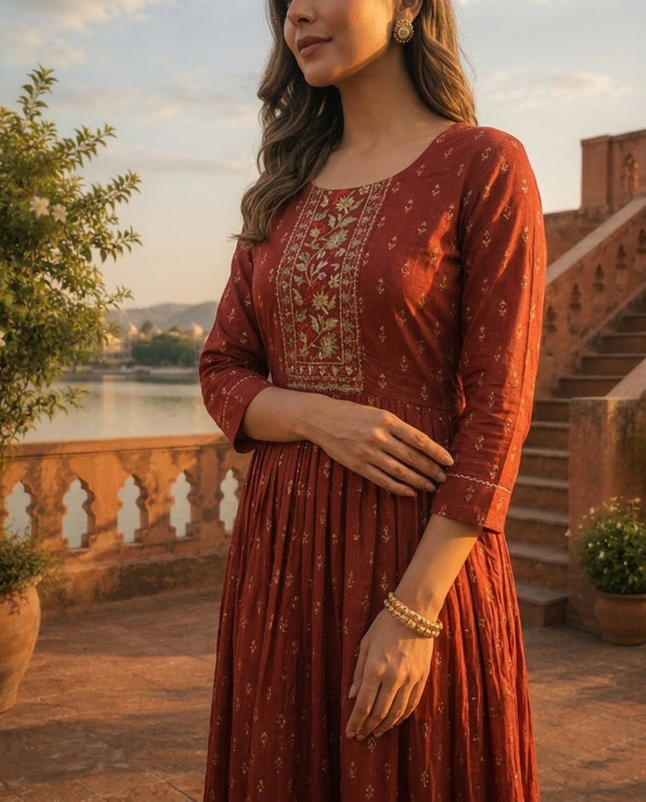 Maroon Crepe Gold Foil Buti Printed Dress