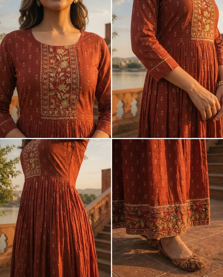 Maroon Crepe Gold Foil Buti Printed Dress