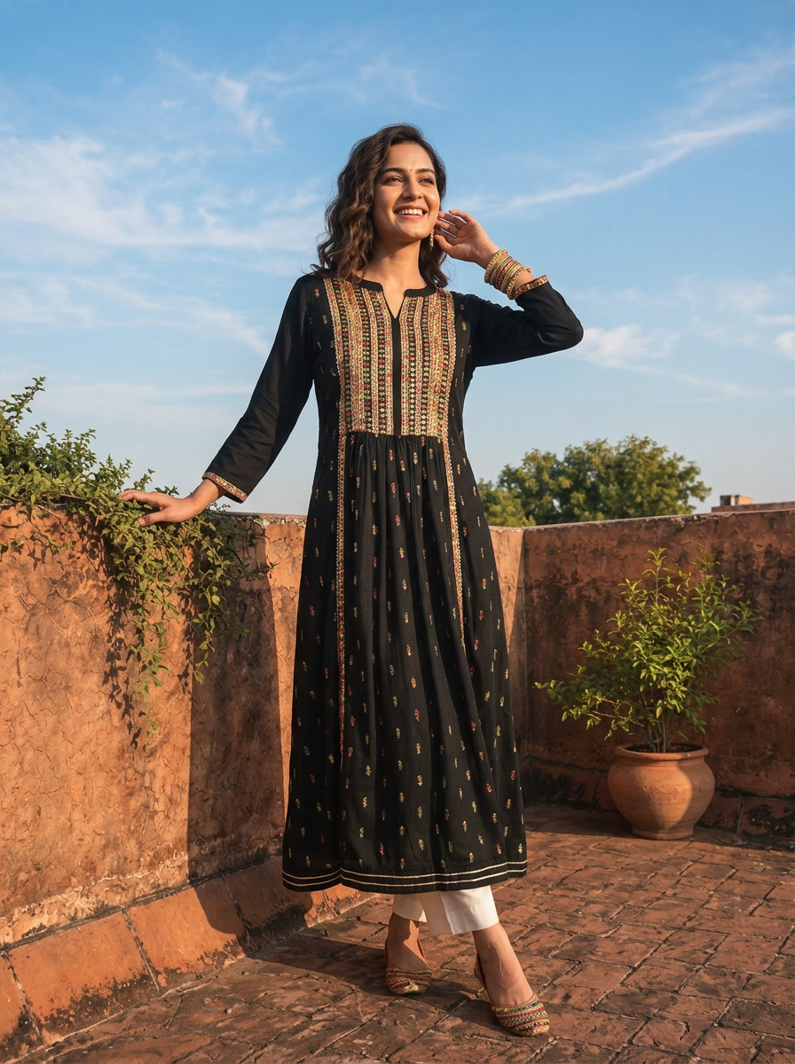 Black Rayon Scattered Buti Embroidery Dress