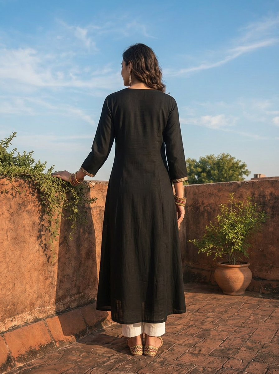 Black Rayon Scattered Buti Embroidery Dress
