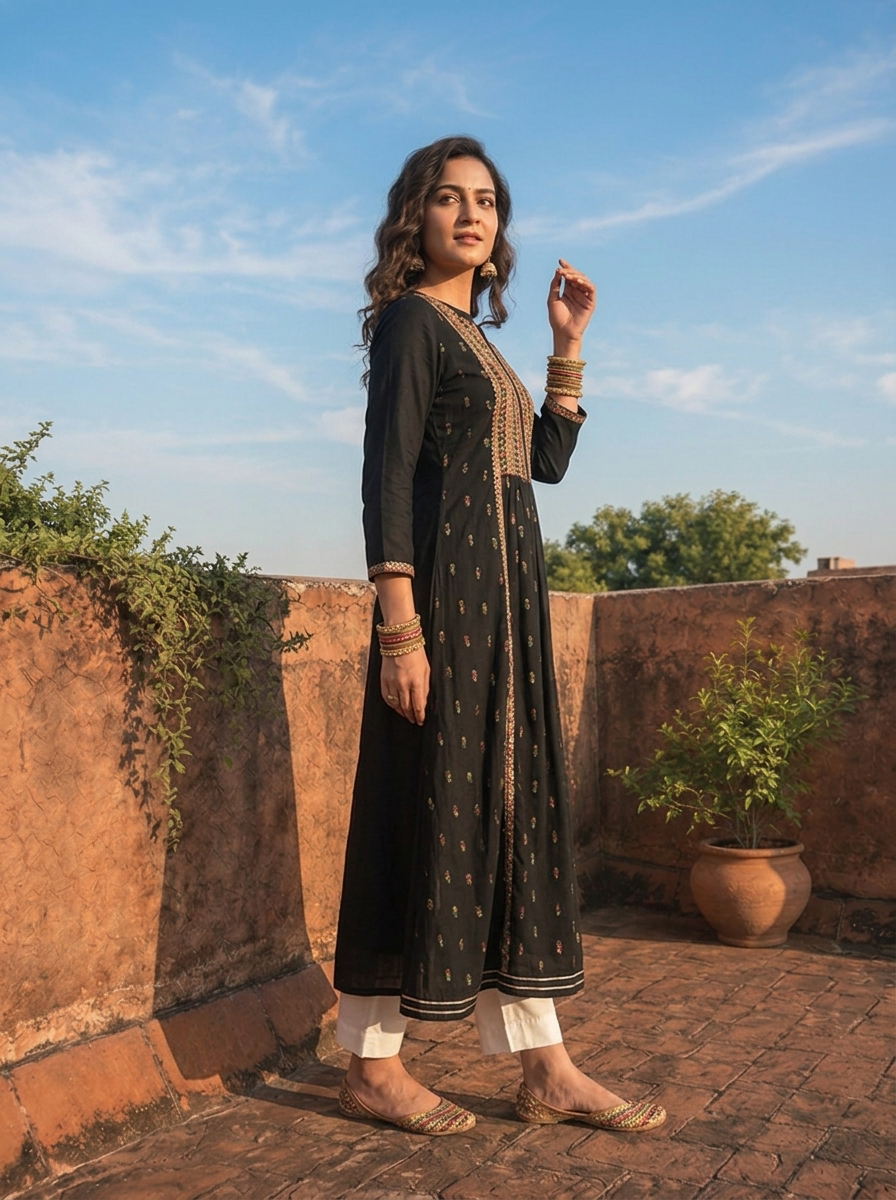 Black Rayon Scattered Buti Embroidery Dress