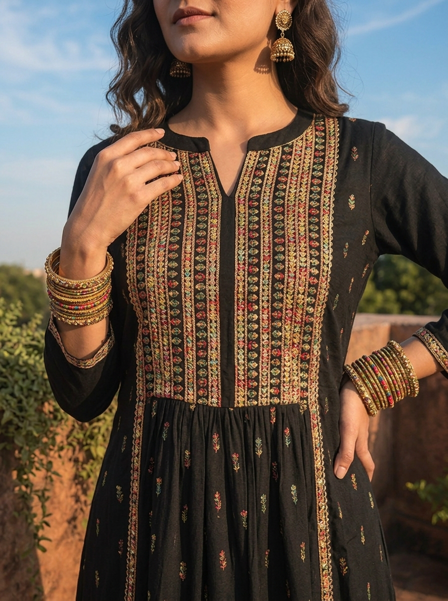 Black Rayon Scattered Buti Embroidery Dress