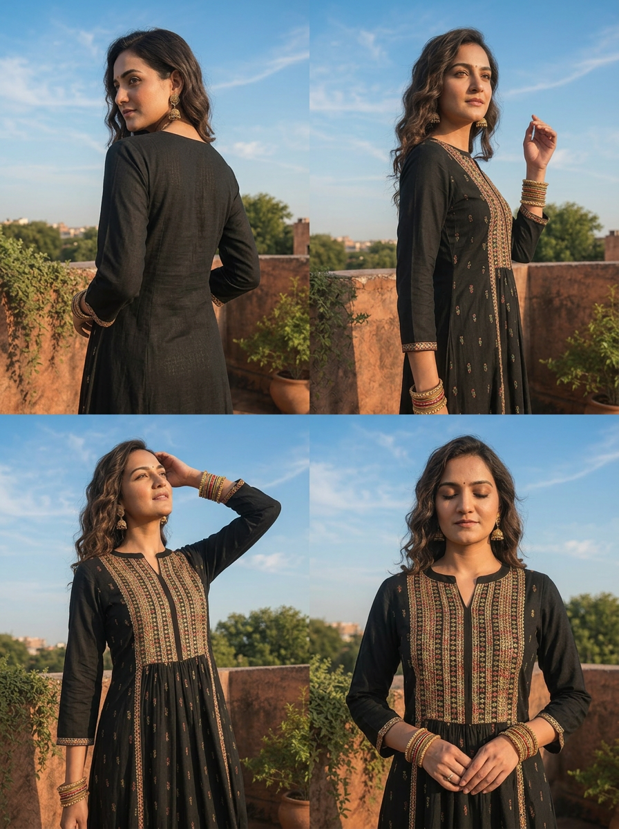 Black Rayon Scattered Buti Embroidery Dress