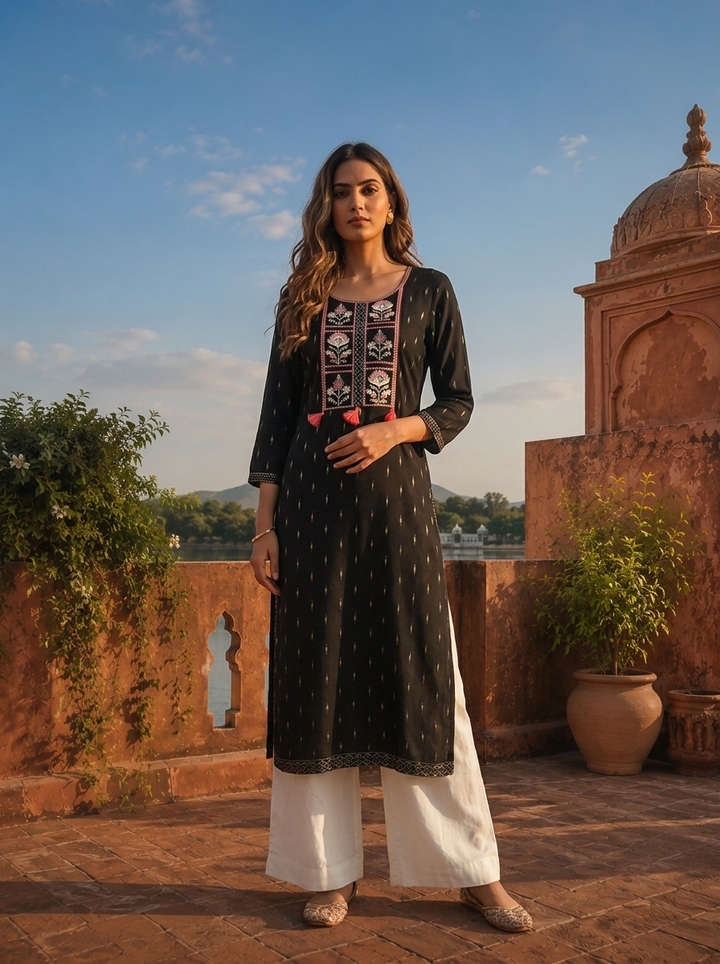 Black Rayon Woven Buti Embroidery Kurta