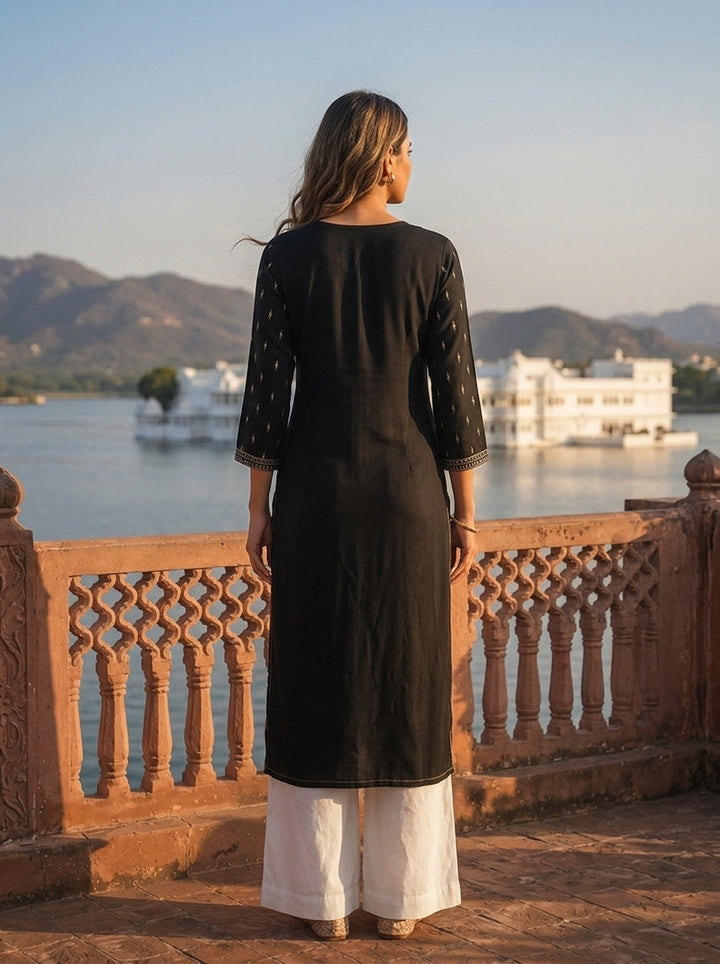 Black Rayon Woven Buti Embroidery Kurta
