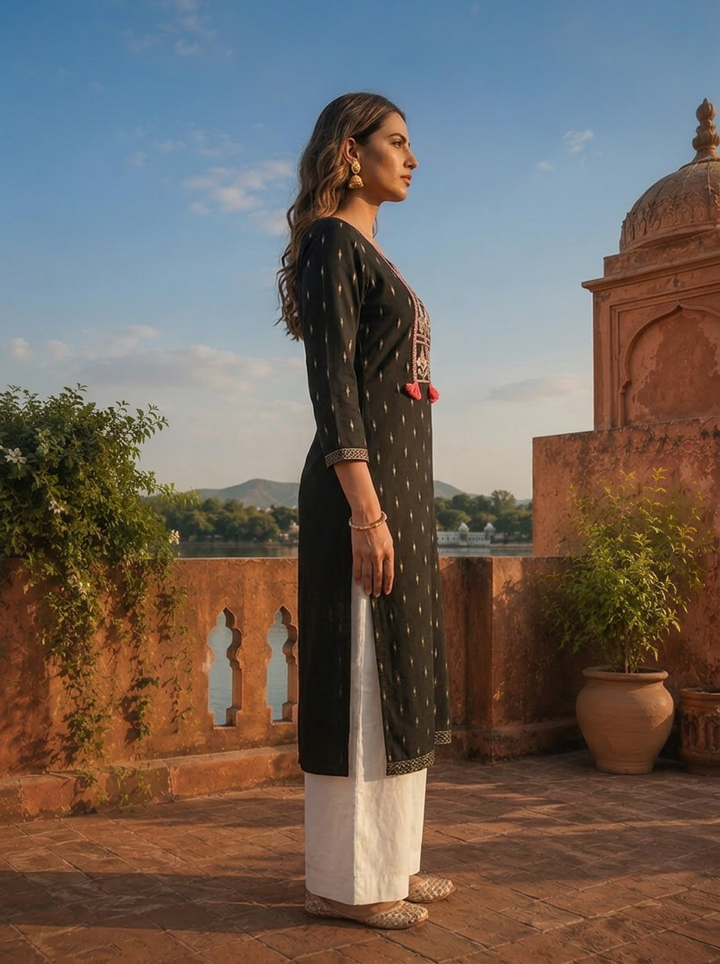 Black Rayon Woven Buti Embroidery Kurta