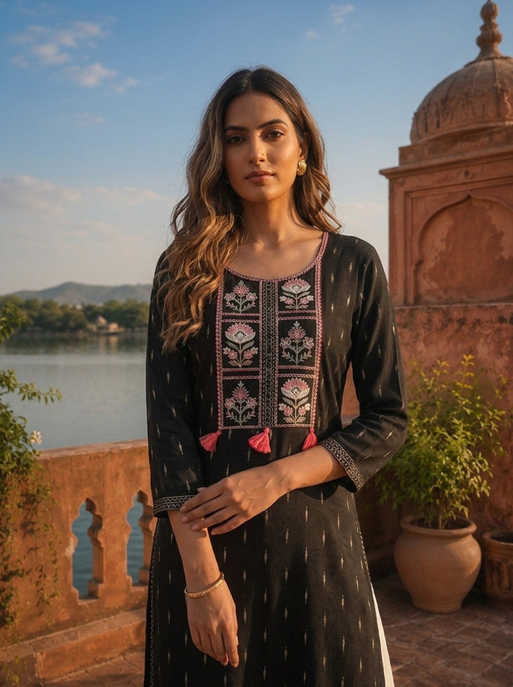 Black Rayon Woven Buti Embroidery Kurta