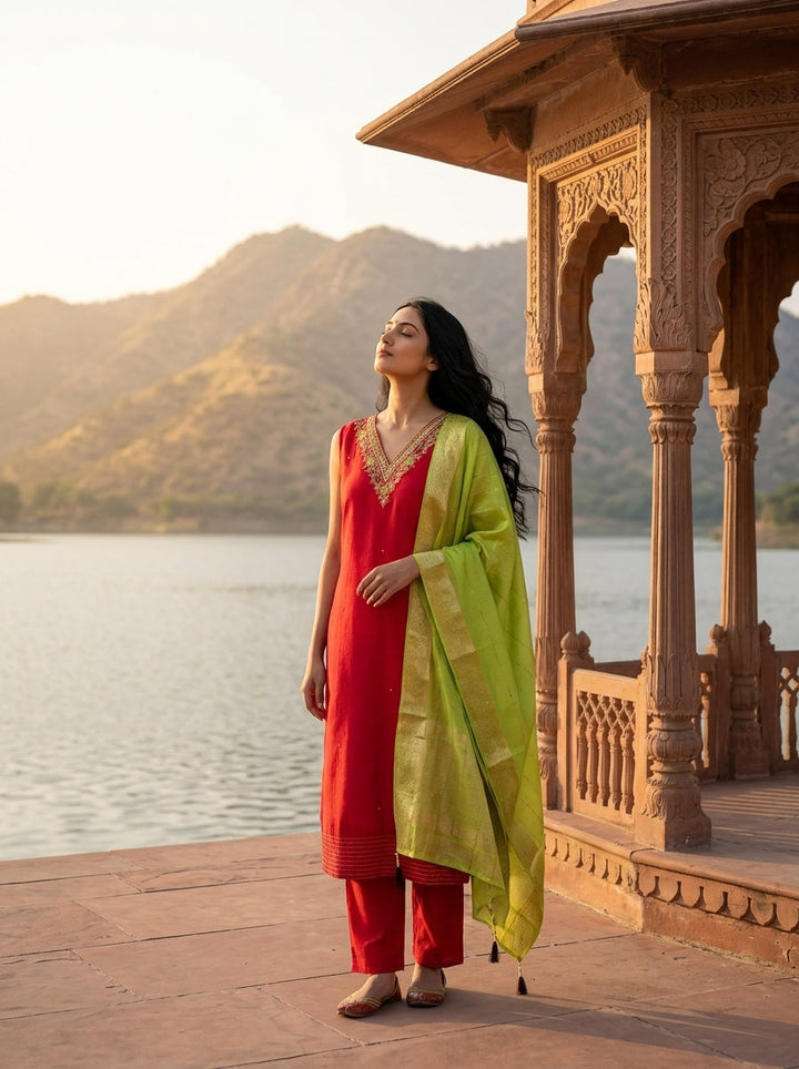 Rani Pink Vichitra Silk Intricate Hand Embroidery Three Piece Set