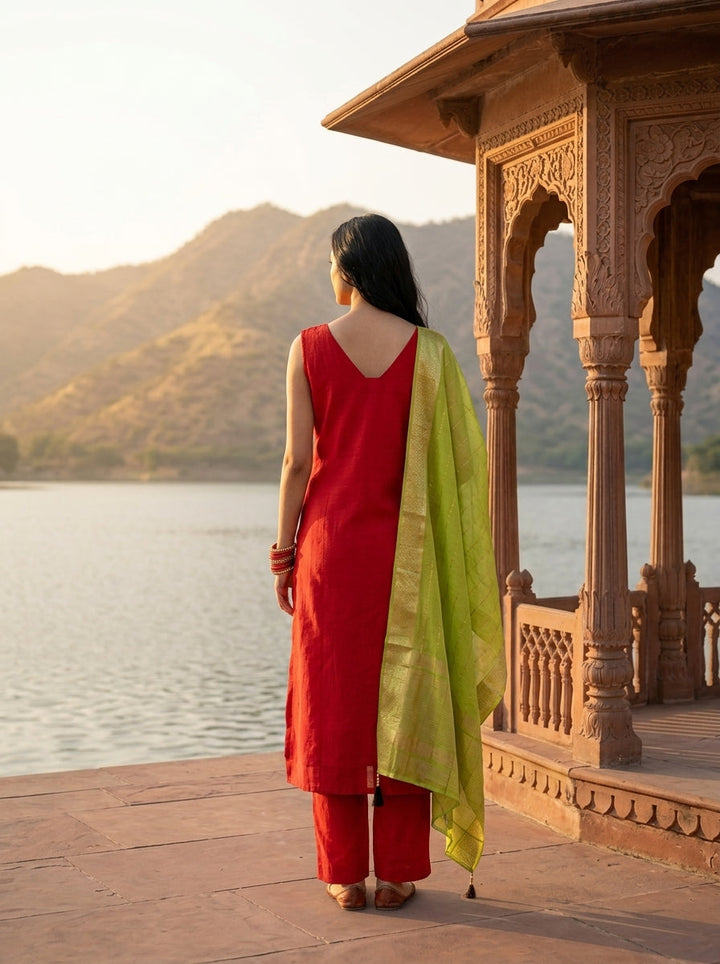 Rani Pink Vichitra Silk Intricate Hand Embroidery Three Piece Set