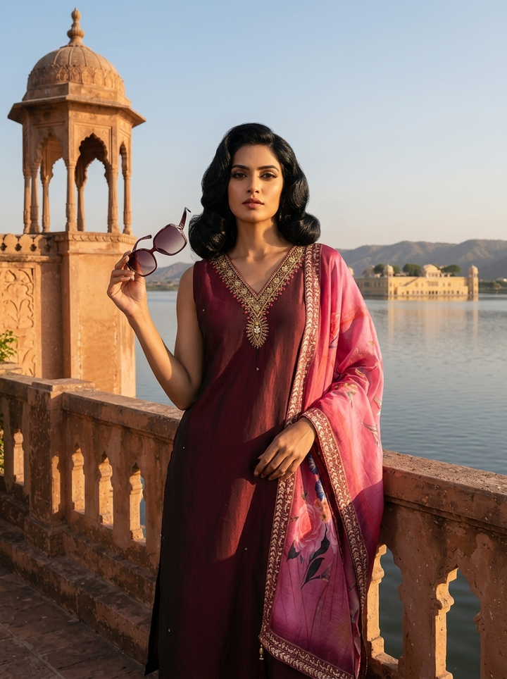 Wine Silk Zardosi Embroidery Three Piece Set