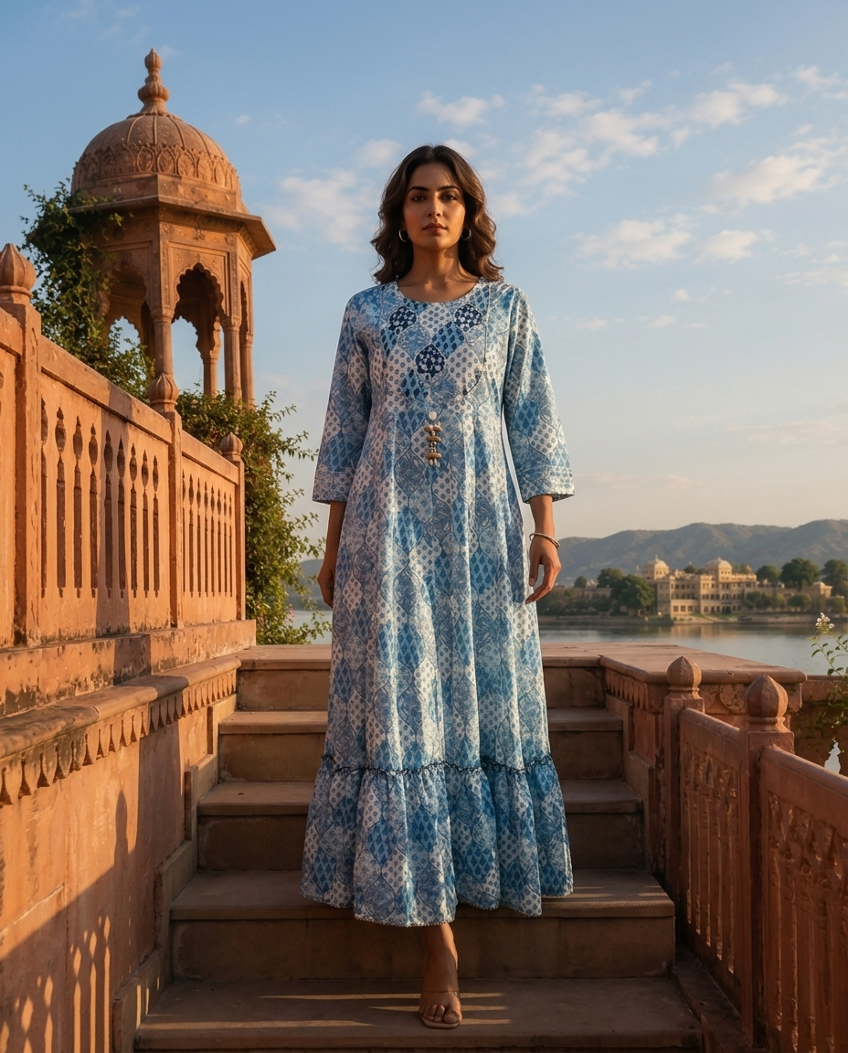 Blue Crepe Floral Patch Printed Long Dress