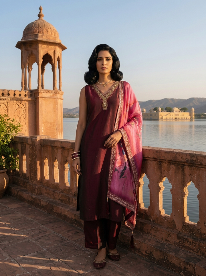 Wine Silk Zardosi Embroidery Three Piece Set