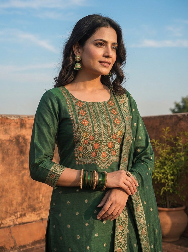 Bottle Green Silk Jacquard Woven Butti Three Piece Set