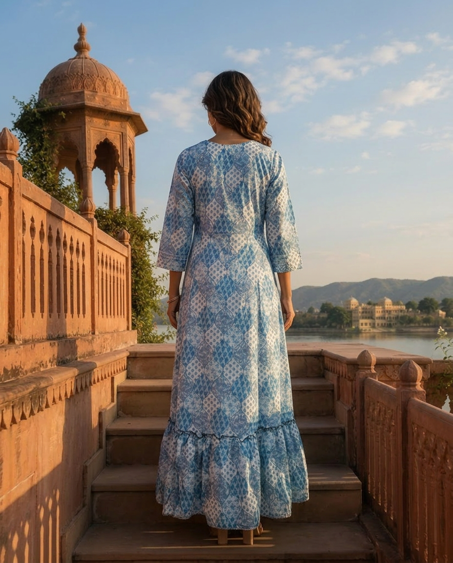 Blue Crepe Floral Patch Printed Long Dress