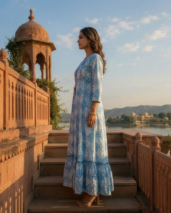 Blue Crepe Floral Patch Printed Long Dress