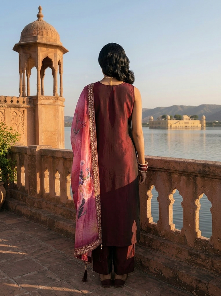Wine Silk Zardosi Embroidery Three Piece Set