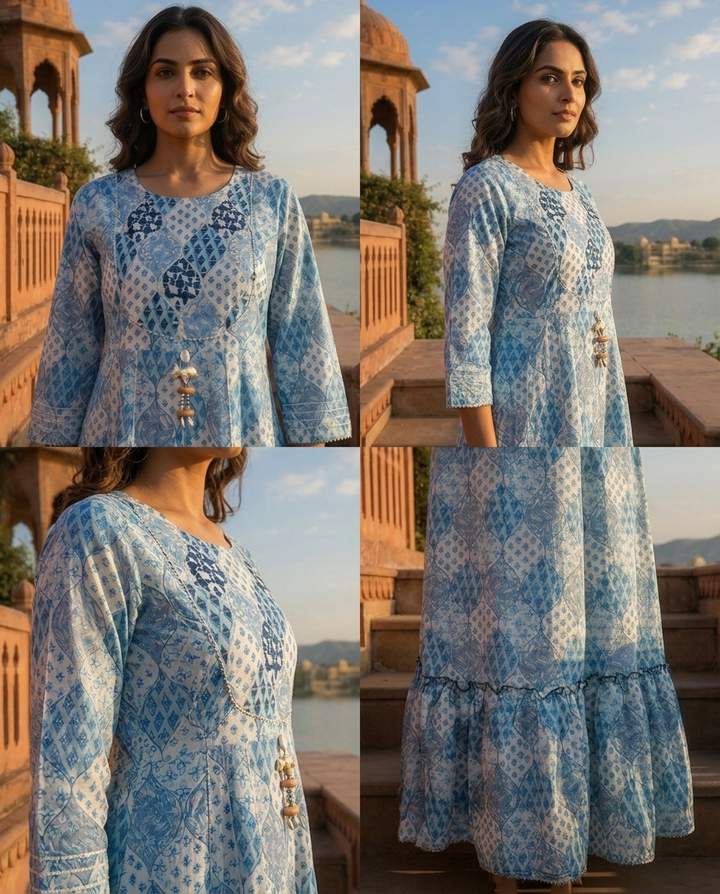 Blue Crepe Floral Patch Printed Long Dress