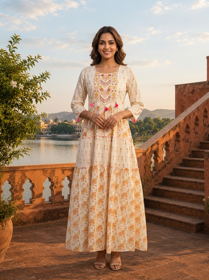 Off White Cotton Floral Jaal Printed Dress