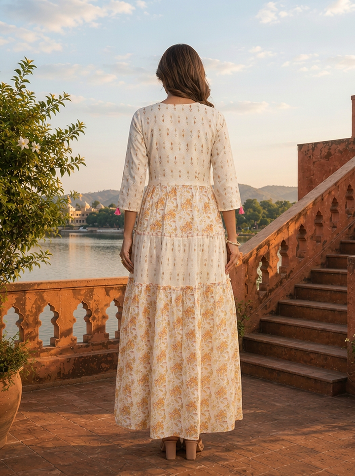 Off White Cotton Floral Jaal Printed Dress