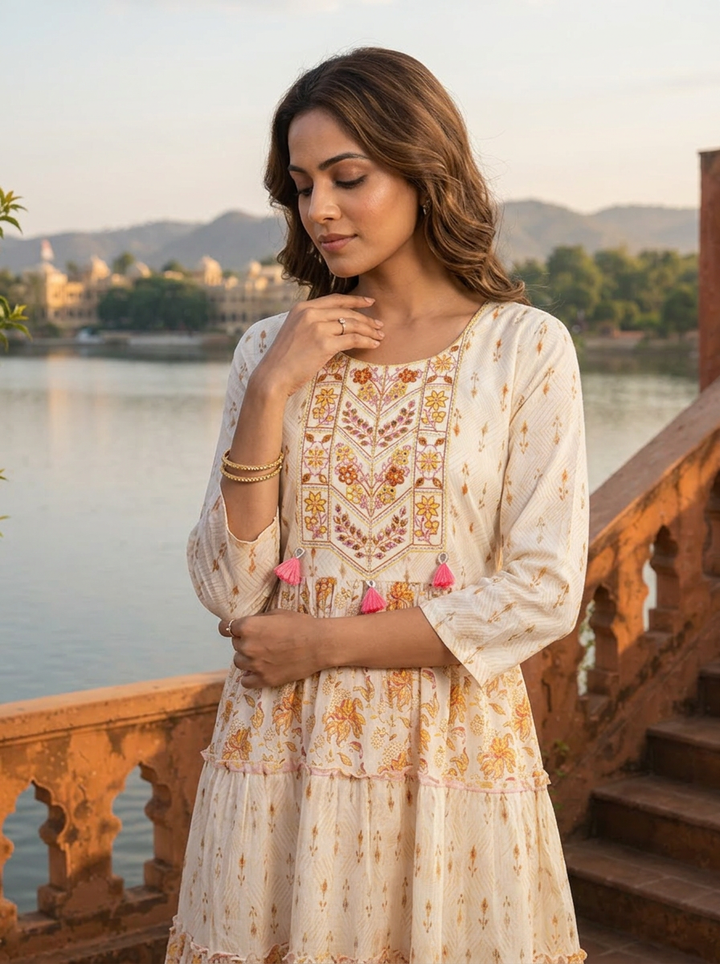 Off White Cotton Floral Jaal Printed Dress