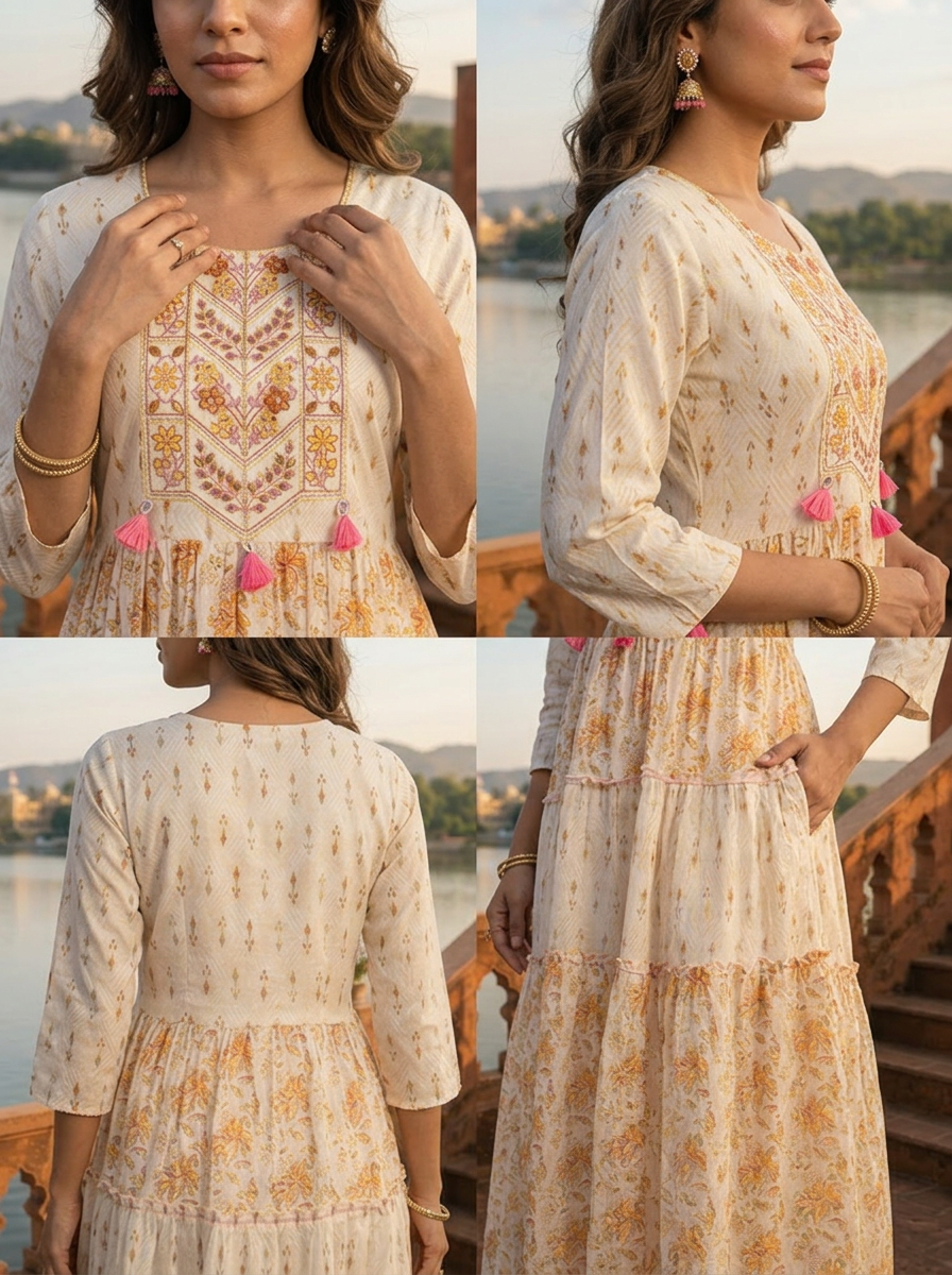 Off White Cotton Floral Jaal Printed Dress
