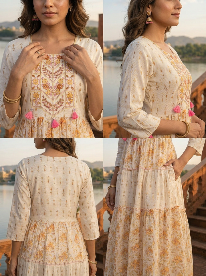 Off White Cotton Floral Jaal Printed Dress