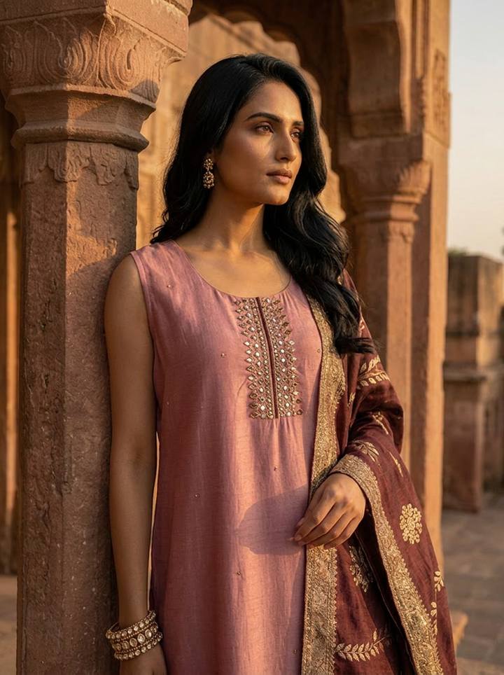 Onion Vichitra Silk Embroidery Three Piece Set With Floral Weaved Dupatta