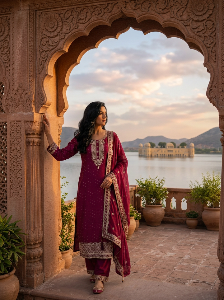 Wine Vichitra Silk Gold Zari And Sequins Embroidery Three Piece Set