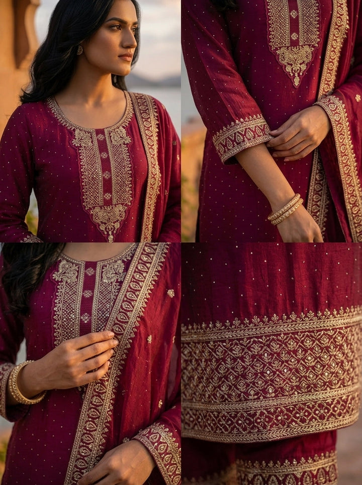 Wine Vichitra Silk Gold Zari And Sequins Embroidery Three Piece Set