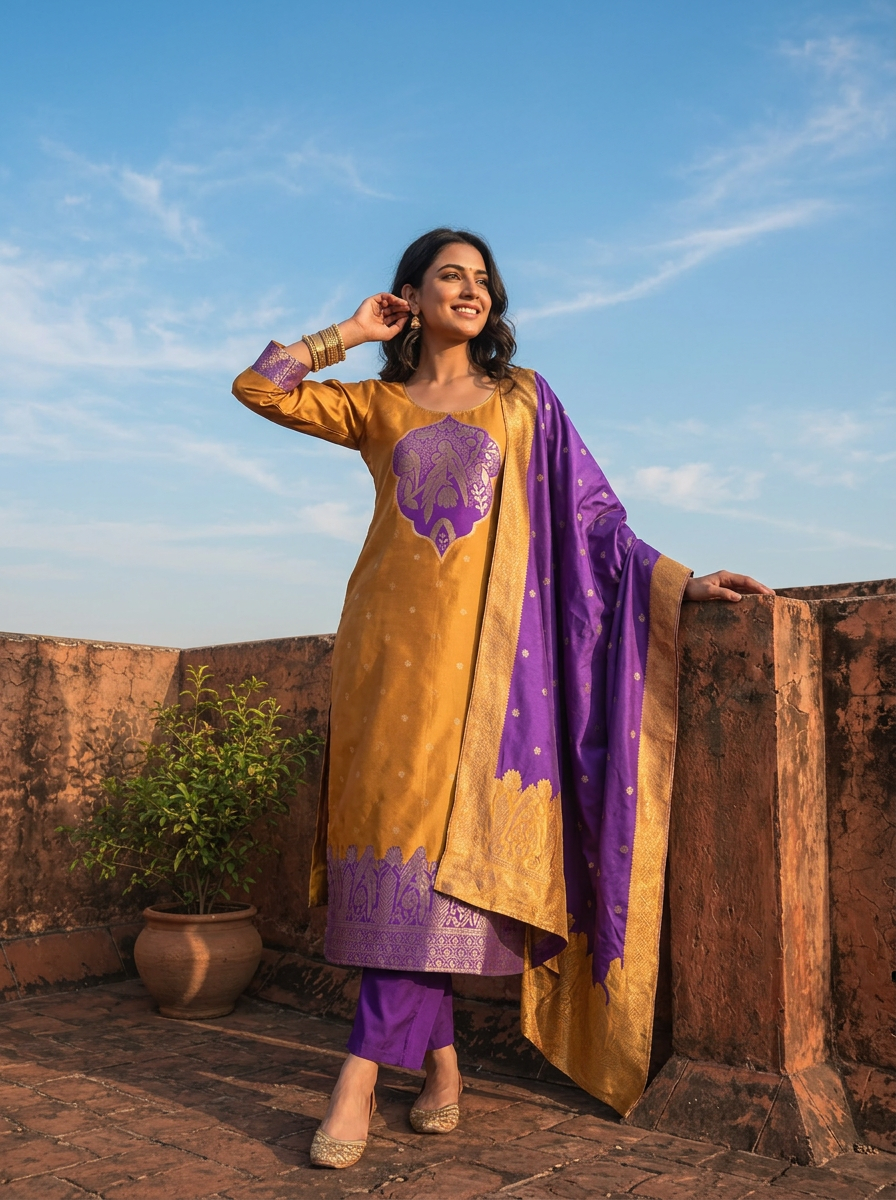 Mustard Silk Bird Panel Weaved Three Piece Set
