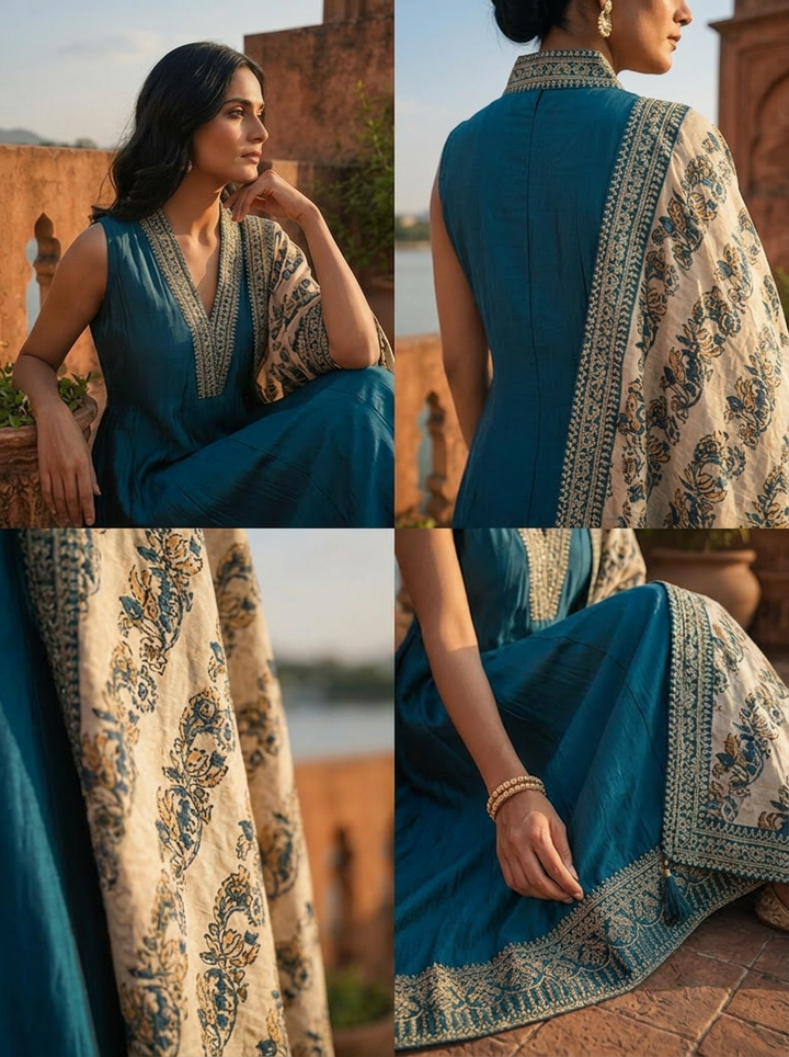 Peacock Silk Zari Embroidery Three Piece Set With Floral Dupatta